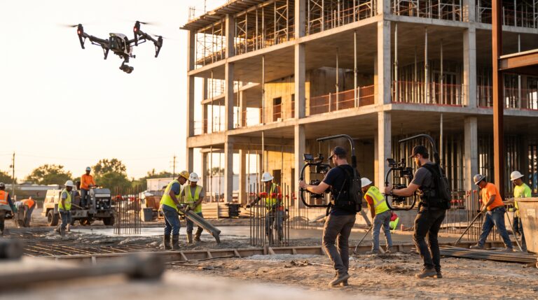 Yapım aşamasındaki inşaat sahasında drone ve gimbal kameralarla profesyonel video belgeleme çekimi yapılıyor.