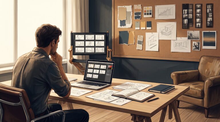 Yaratıcı profesyonel senaryo yazarken not ve storyboard ile çalışması.