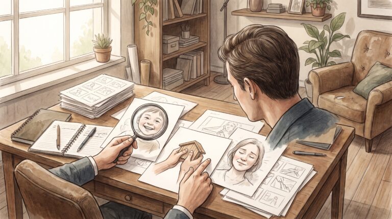 Bir yaratıcı profesyonelin, marka hikayesi video senaryosu içeren storyboardları incelediği çalışma anı.