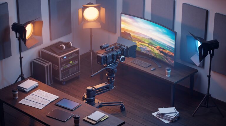 Studio ortamında kamera, ışık sistemi ve renk ayarı ekranının bir araya geldiği profesyonel video prodüksiyon setup.