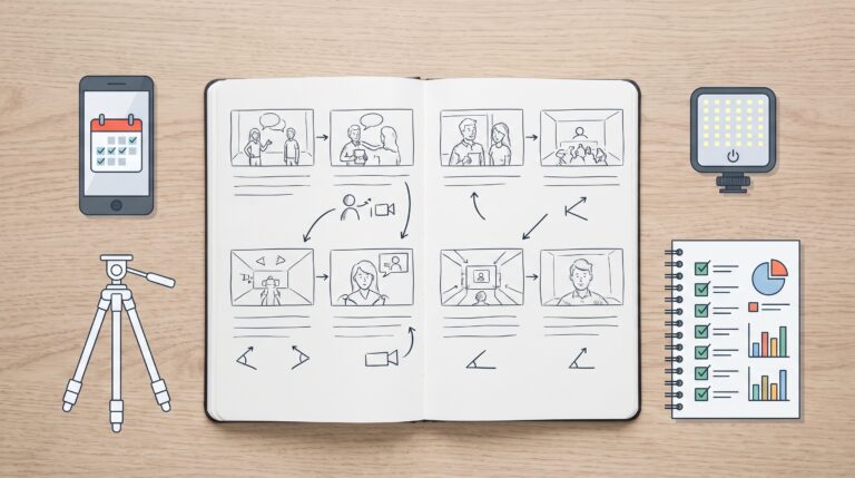 Masada storyboard taslağı, akıllı telefon ve ışık ekipmanı ile hazırlık aşamasının kurulumu.